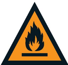 Warning sign depicting a flame symbol in an orange triangle with black border