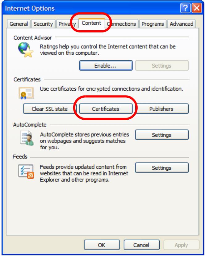 ZYXEL WAC6103D-I - In the Internet Options dialog box, click Content > Certificates. - 1