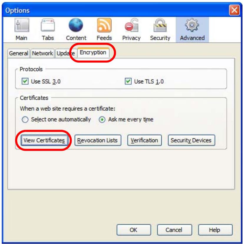 ZYXEL WAC6103D-I - In the Options dialog box, click Advanced > Encryption > View Certificates. - 1