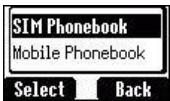 SIM Phonebook Mobile Phonebook Select Back