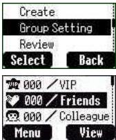 Create Group Setting Review Select Back 000 / VIP 000 / Friends 000 / Colleague Menu View