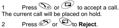 1 Press 🎨 or 📄 to accept a call. The current call will be placed on hold. 2 Press Ⓧ or Ⓞ to Reject.
