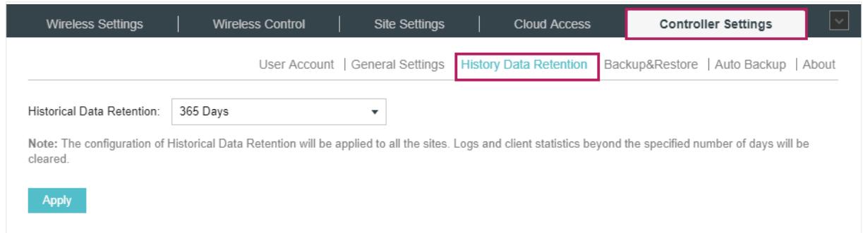 TP-LINK OMADA AC200 - Go to Controller Settings > History Data Retention. - 1