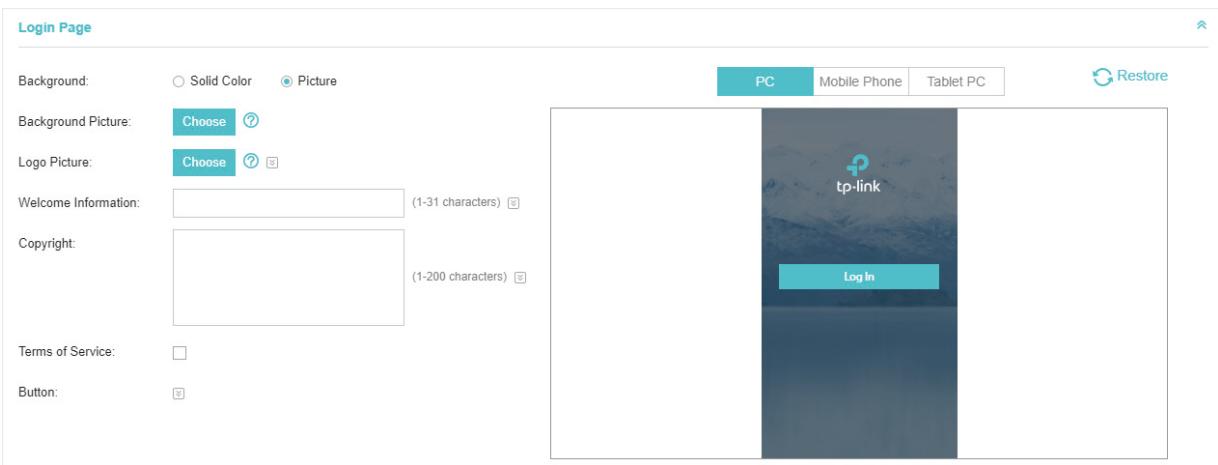 TP-LINK OMADA AC200 - In the Login Page section, configure the login page for the Portal. - 1