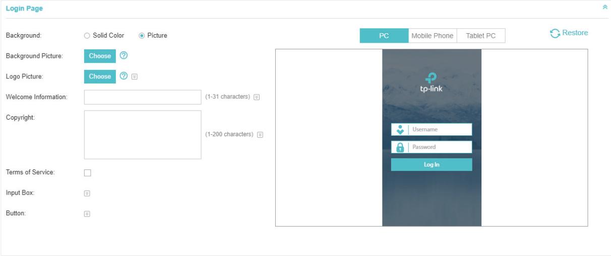 TP-LINK OMADA AC200 - Local Web Portal is configured, configure the login page for the Portal in the Login Page section. - 1