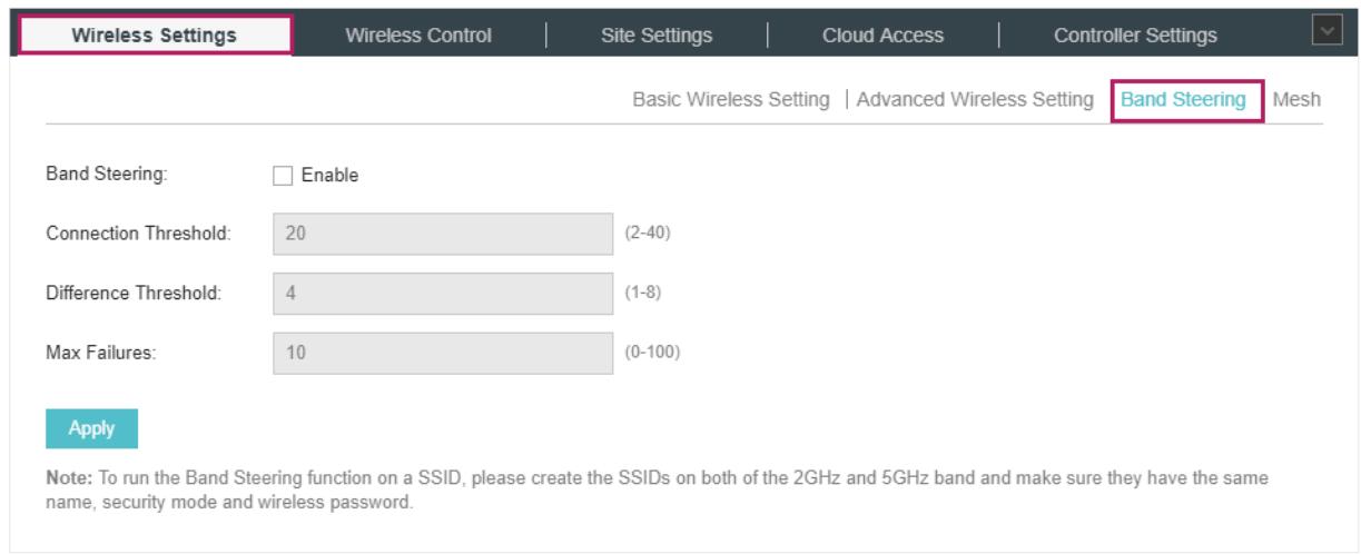 TP-LINK OMADA AC200 - Go to Wireless Settings > Band Steering. - 1