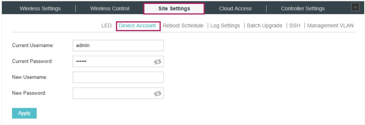 TP-LINK OMADA AC200 - Go to Site Settings > Device Account. - 1