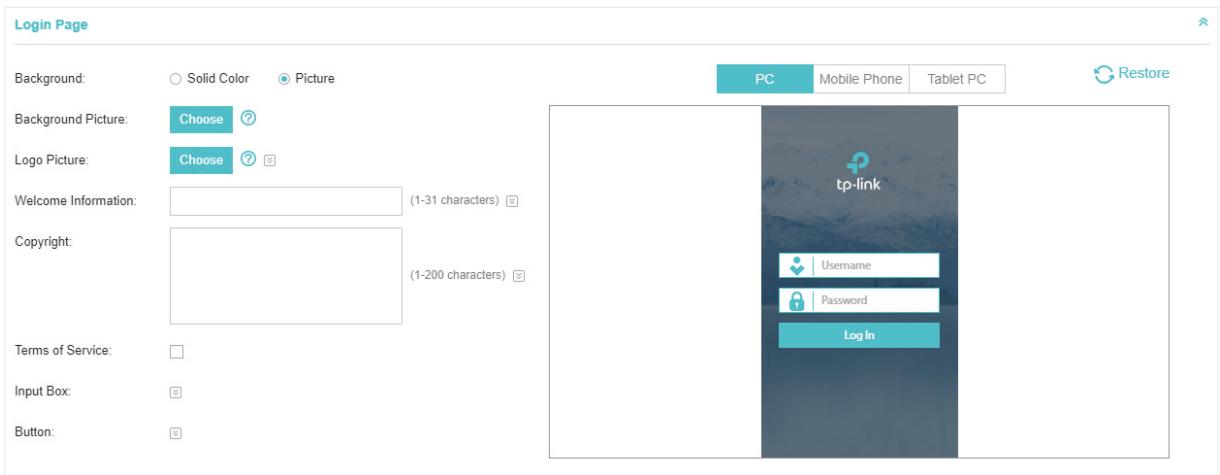 TP-LINK OMADA AC200 - In the Login Page section, configure the login page for the Portal. - 1