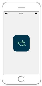 Mobile app interface screenshot showing a notification icon with 'f' and bird symbol on screen