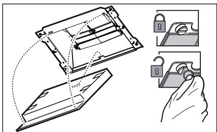 Diagram illustrating a folding or locking mechanism with labeled components and hand holding a lock