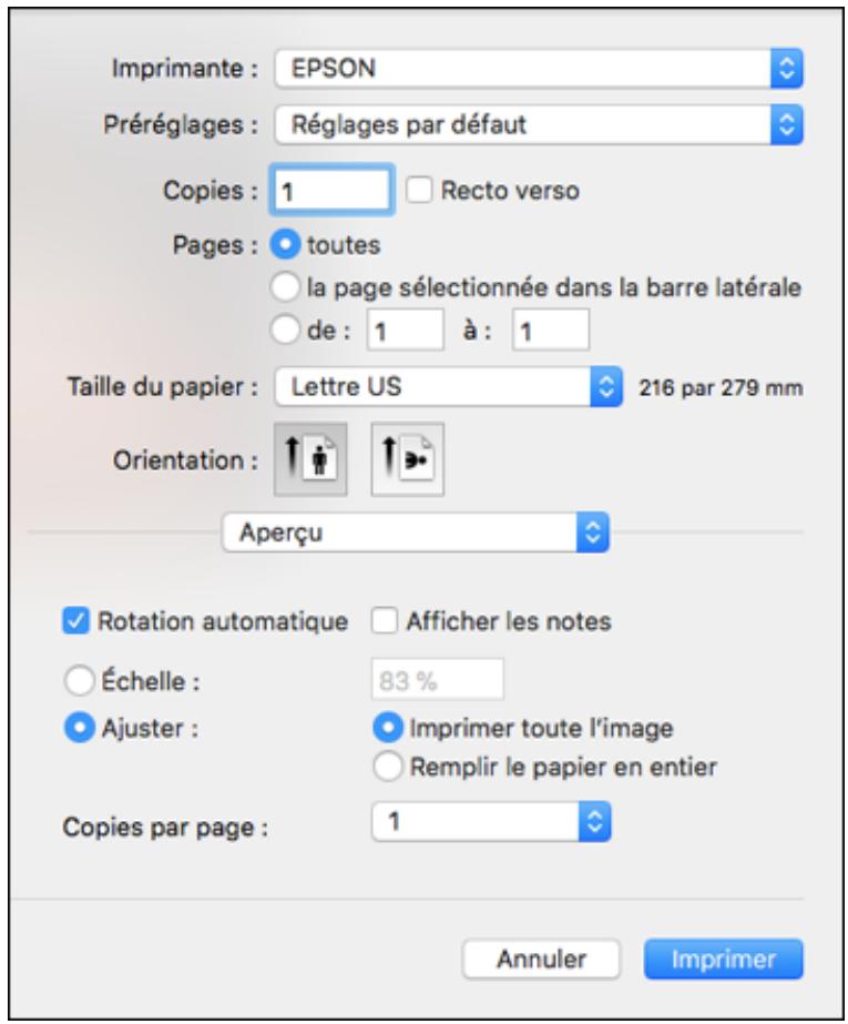 EPSON ECOTANK ET-5850 - Sélection des paramètres d'impression de base - Logiciel d'impression PostScript - Mac - 2