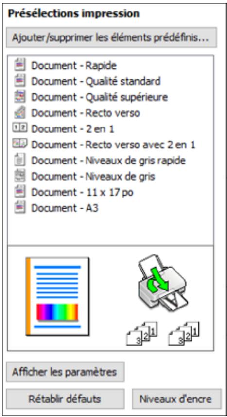 EPSON ECOTANK ET-5850 - Les options PréseLECTIONs impression disponibles s'affichent à gauche : - 1