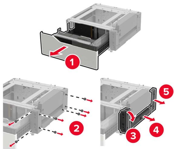 LEXMARK CX922DE - CX923DTE - CX923DXE - CX924DTE - CX924DXE - Ouvrez le tiroir, puis retirez les capots du rail et du support de montage. - 1