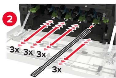 Diagram showing printer internal structure with red arrows indicating process, labeled with number 1