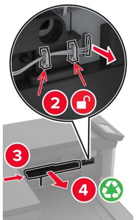Diagram illustrating four steps of a mechanical or electronic device with labeled icons and arrows indicating process flow.