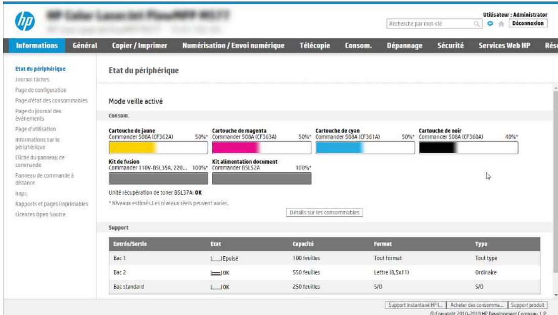hp Utilisateur : Administrator Recherche par mot-clé Déconnexion Informations Général Copier / Imprimer Numérisation / Envoi numérique Télécopie Consom. Dépannage Sécurité Services Web HP Rése Etat du périphérique Journal tâches Page de configuration Page d'état des consommables Page du Journal des événements Page d'utilisation informations sur le périphérique Cilché du panneau de commande Panneau de commande à distance Impr. Rapports et pages imprimables Licences Open Source Etat du périphérique Mode veille activé Consom. Cartouche de jaune Commander 508A (CF362A) 50%* Cartouche de magenta Commander 508A (CF363A) 50%* Cartouche de cyan Commander 508A (CF361A) 50%* Cartouche de noir Commander 508A (CF360A) 40%* Kit de fusion Commander 110V-BSL35A, 220... 100%* Kit alimentation document Commander BSL52A 100%* Unité récupération de toner BSL37A: OK * Niveaux estimés.1s niveaux réels peuvent varier. Détails sur les consommables Support Entrée/Sortie Etat Capacité Format Type Bac 1 I_Epuisé 100 feuilles Tout format Tout type Bac 2 OK 550 feuilles Lettre (8,5x11) Orôlnaire Bac standard I_OK 250 feuilles S/O S/O Support instantane HP I... Acheter des consomma... Support produit © Copyright 2010-2019 HP Development Company LP