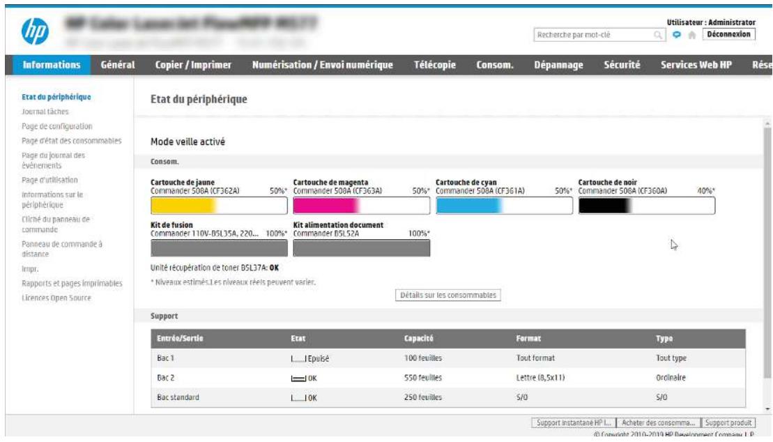 hp Etat du périphérique Mode veille activé Consom. Cartouche de jaune Commander 508A (CF362A) 50%* Cartouche de magenta Commander 508A (CF363A) 50%* Cartouche de cyan Commander 508A (CF361A) 50%* Cartouche de noir Commander 508A (CF360A) 40%* Kit de fusion Commander 110V-DSL35A, 220... 100%* Kit alimentation document Commander DSL52A 100%* Unité récupération de toner DSL37A: OK * Niveaux estimés. Les niveaux réels peuvent varier. Détails sur les consommables Support Entrée/Sortie État Capacité Format Wayte Bac 1 IEpulsé 100 feuilles Tout format Tout type Bac 2 OK 550 feuilles Lettre (8,5x11) Ordinaire Bac standard OK 250 feuilles S/O S/O Support instantané H°I... Acheter des consomma... Support produit © Copyright 2010-2019 HP deployment company LP