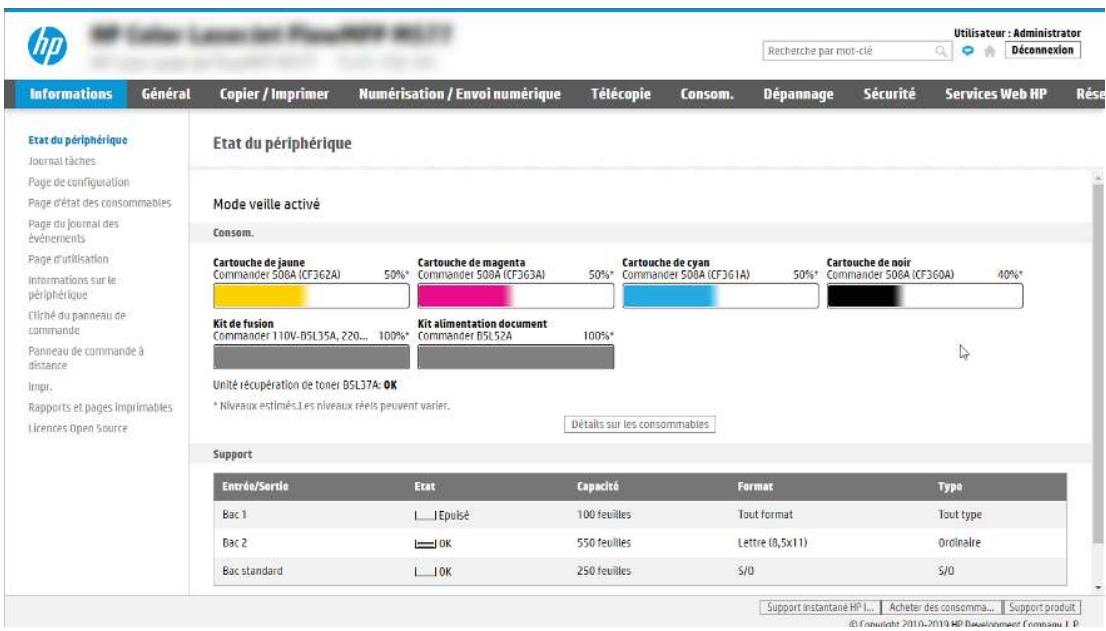 hp Recherche par mot-clé Utilisateur : Administrator Déconnexion Informations Général Copier / Imprimer Numérisation / Envoi numérique Télécopie Consom. Dépannage Sécurité Services Web HP Rése Etat du périphérique Journal tâches Page de configuration Page d'état des consommables Page du journal des événements Page d'utilisation Informations sur le périphérique Cliché du panneau de commande Ponneau de commande à distance Impr. Rapports et pages imprimables Licences Open Source Etat du périphérique Mode veille activé Consom. Cartouche de jaune Commander 508A (CF362A) 50%* Cartouche de magenta Commander 508A (CF363A) 50%* Cartouche de cyan Commander 508A (CF361A) 50%* Cartouche de noir Commander 508A (CF360A) 40%* Kit de fusion Commander 110V-BSL35A, 220... 100%* Kit alimentation document Commander BSL52A 100%* Unité récupération de toner BSL37A: OK * Niveaux estimés. Les niveaux réels peuvent varier. Dêtails sur les consommables Support Entrée/Sertie Etat Capacité Format Type Bac 1 I.....IEpuisé 100 feuilles Tout format Tout type Bac 2 OK 550 feuilles Lettre (0,5x11) Orolaire Bac standard I.....10K 250 feuilles S/0 S/0 Support instantané HP!... Acheter des consomma... Support produit