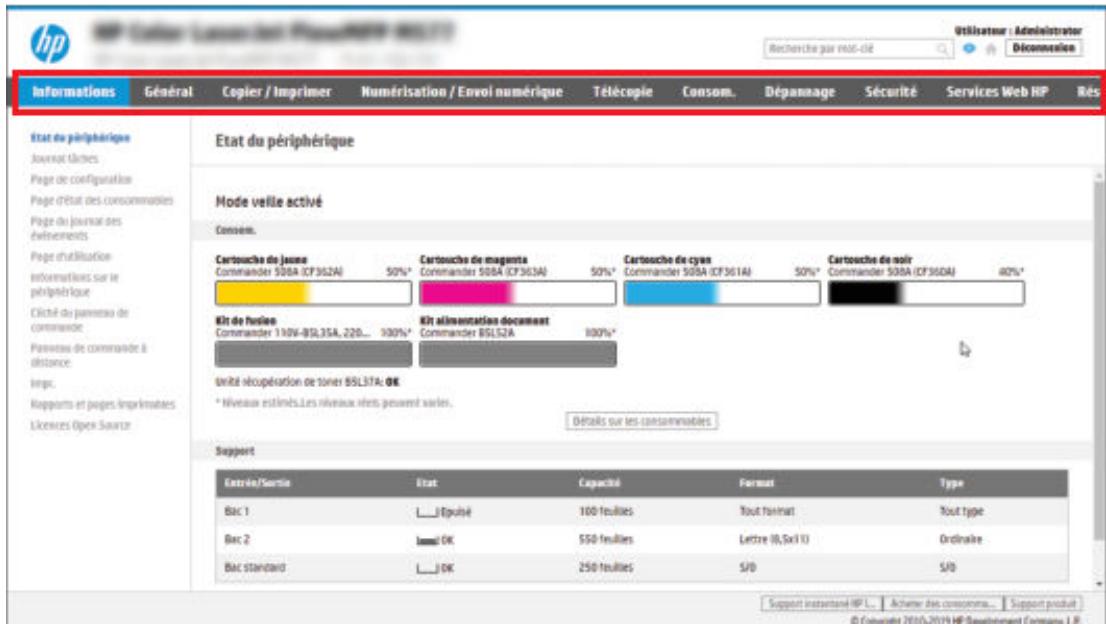 hp HP Césior Canada (Routledge) 8037 Utilisateur : Administrator Recherche par not-clé Dépannage Sécurité Services Web HP Rés Informations Général Copier / Imprimer Numérisation / Envoi numérique Télécopie Consom. Dépannage Sécurité Services Web HP Rés Etat du périphérique Journat tonnes Page de configuration Page d'état des consommables Page du journal des éfinements Page d'utilisation Informations sur le périphérique Clétré du panneau de commande Panneau de commande à distance Inge. Rapports et pages imprimates Licences Opex Source Etat du périphérique Mode veille activé Consom. Cartouche de jeune Commander S0BA (CF362A) 50%* Cartouche de magenta Commander S0BA (CF363A) 50%* Cartouche de cyan Commander S0BA (CF361A) 50%* Cartouche de noir Commander S0BA (CF36DA) 40%* Kit de fusion Commander T10V-BSL35A, 220... 100%* Kit alimentation document Commander BSLS2A 100%* Unité récupération de toner BSL37A: OK * Niveau estimés. Les niveaux n'est peuvent varies. Détails sur les contammables Support Entrée/Sortie Etat Capacité Format Type Bac 1 _Épuélé 100 feuilles Tout format Tout type Bac 2 lreal OK 550 feuilles Leâtre (H,SxII U) Ordinaire Bac Standard _OK 250 feuilles S/D S/D Support instanteil HP L... Actenter des consommes... Support produit