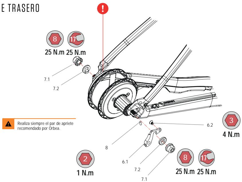 E TRASERO 8 17 25 N.m 25 N.m 7.1 7.2 Realiza siempre el par de apriete recomendado por Orbea. 6.2 3 4 N.m 2 1 N.m 8 6.1 7.2 7.1 8 25 N.m 25 N.m