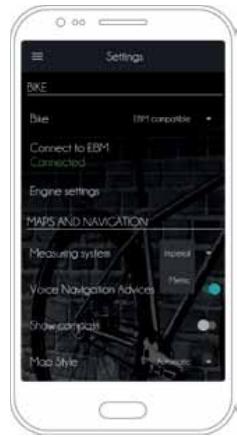 Settings bike Blue IBM compatible Connect to EBM Connected Engine settings MAPS AND NAVIGATION Measuring system Import Voice Navigation Advices Show samples Map Style Advance