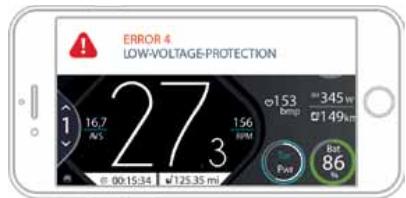 ERROR 4 LOW-VOLTAGE-PROTECTION 16.7 RMS 27 3 156 RPM 153 bmp 345 mp 149 Pw 86 e: 00:15:34 √125.35 mi