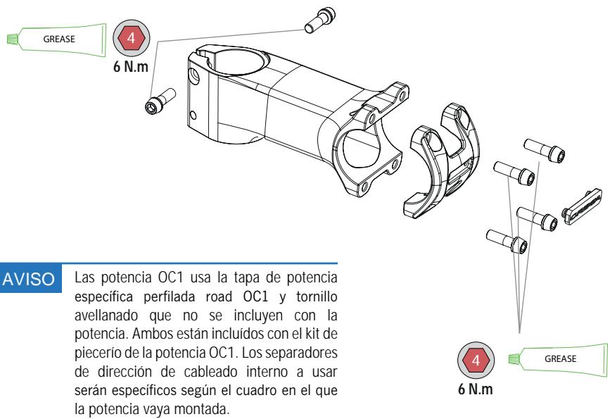 GREASE 6 N.m AVISO Las potencia OC1 usa la tapa de potencia especifica perfilada road OC1 y tornillo avellanado que no se incluyen con la potencia. Ambos están incluidos con el kit de piecerío de la potencia OC1. Los separadores de dirección de cableado interno a usar serán específicos según el cuadro en el que la potencia vaya montada.