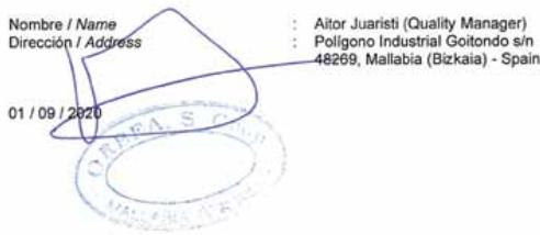 Nombre / Name Dirección / Address 01 / 09 / 2020 Aitor Juaristi (Quality Manager) Polgono Industrial Goitondo s/n 48269, Mallabia (Bizkaia) - Spain