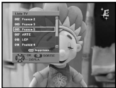 Liste TV 002 France 2 003 France 3 005 France 5 007 ARTE 013 LCP 014 France 4 Supprimer OK SORTIE DEPLA.