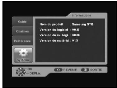 Information Guide Chaines Péférence Système Nom du produit : Samsung STB Version du logiciel : V0.18 Version du mi. logi : V0.06 Version du matériel: V13 OK DEPLA. REVENIR SORTIE