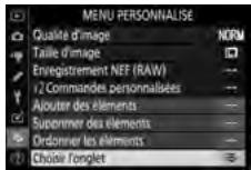 NIKON Z5 - Sélectionnez [Choisir l'onglet] dans le [≡ MENU PERSONNALISE]. - 1