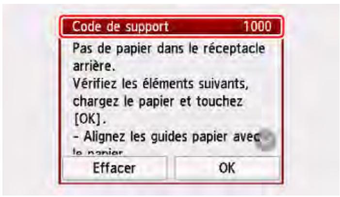 CANON PIXMA TS5851 - Lorsqu'un code de support et un message s'affichent sur l'imprimante (écran tactile) : - 1