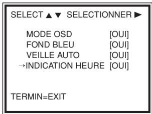 SELECT ▲▼ SELECTIONNER ▶ MODE OSD [OUI] FOND BLEU [OUI] VEILLE AUTO [OUI] →INDICATION HEURE [OUI] TERMIN=EXIT