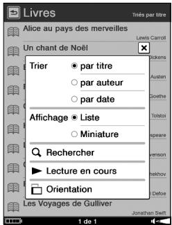 SONY LIVNU PR300 RED - Utilisation du menu d'options de la liste des livres - 1