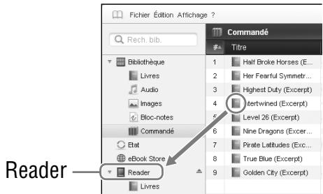 SONY LIVNU PR300 RED - Faites glisser les fichiers depuis la liste vers « Reader » dans l'Affichage par source. Le contenu est transféré vers le Reader. - 1