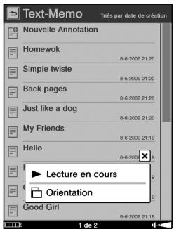 SONY LIVNU PR300 RED - Utilisation du menu d'options des listes Manuscrit et Text-Memo - 2