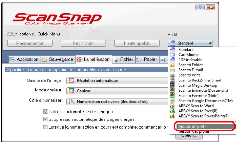 FUJIFILM SCAN SNAP IX500 - Sélectionnez ajouter un profil dans le menu profil. - 1