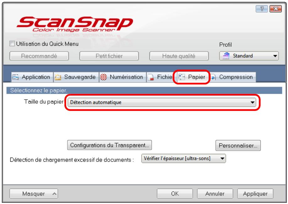 FUJIFILM SCAN SNAP IX500 - Dans l'onglet papier, sélectionnez détection automatique dans taille du papier. - 1