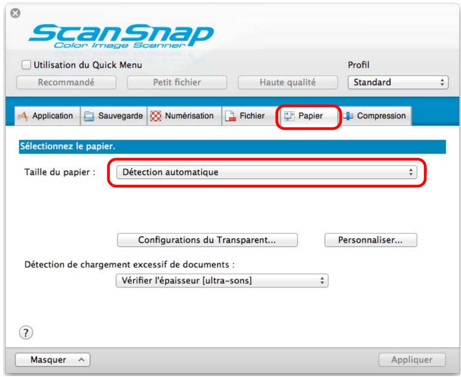 FUJIFILM SCAN SNAP IX500 - Dans l'onglet papier, sélectionnez détection automatique dans taille du papier. - 1