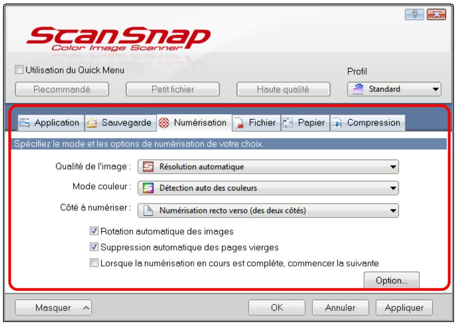 FUJIFILM SCAN SNAP IX500 - Configurez les paramètres de numérisation dans chaque onglet. - 1