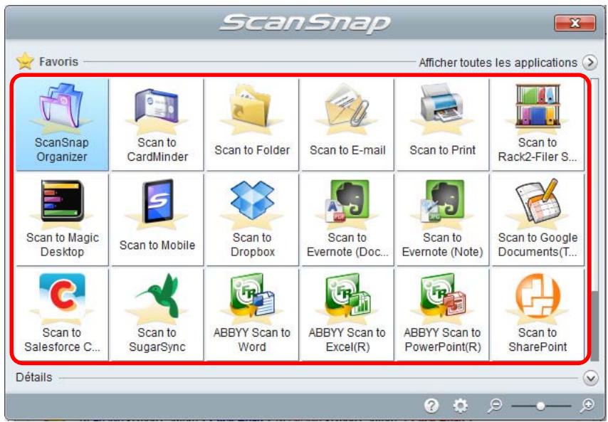 FUJIFILM SCAN SNAP IX500 - Dans le quick menu, cliquez sur l'icône de l'application avec laquelle vous souhaitez établir une liaison avec scansnap manager. - 1