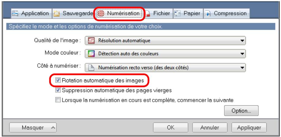 FUJIFILM SCAN SNAP IX500 - Cochez la case rotation automatique de l'onglet numérisation. - 1