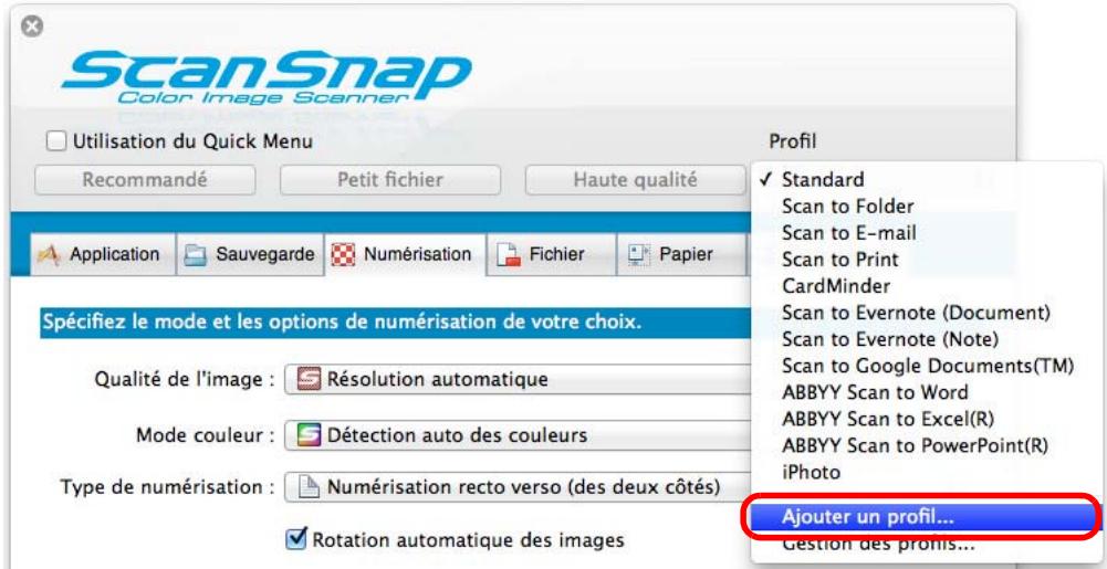FUJIFILM SCAN SNAP IX500 - Sélectionnez ajouter un profil dans le menu profil. - 1
