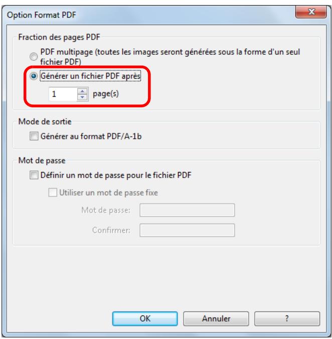FUJIFILM SCAN SNAP IX500 - Sélectionnez générer un fichier PDF après (n) page(s) et saisissez le nombre de pages à fractionner. - 1