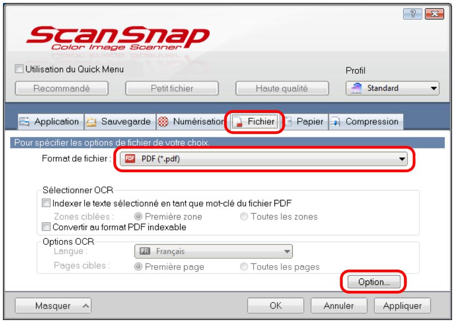 FUJIFILM SCAN SNAP IX500 - Dans la liste déroulante format de fichier de l'onglet fichier, sélectionnez PDF (.PDF) et cliquez sur le bouton options. - 1