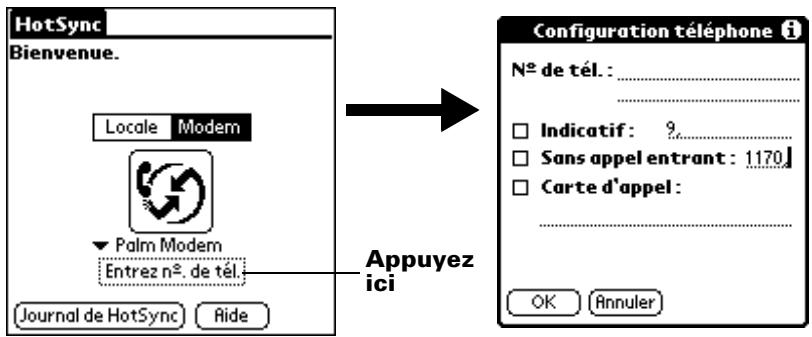 PALM m500 - Pour préparer votre ordinateur de poche en vue d'une opération hotsync par modem : - 2