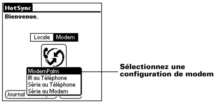 PALM m500 - Pour préparer votre ordinateur de poche en vue d'une opération hotsync par modem : - 1