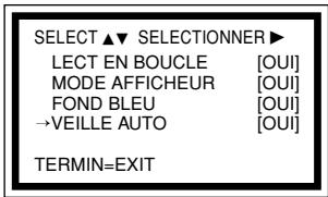 SELECT ▲▼ SELECTIONNER ▶ LECT EN BOUCLE [OUI] MODE AFFICHEUR [OUI] FOND BLEU [OUI] →VEILLE AUTO [OUI] TERMIN=EXIT