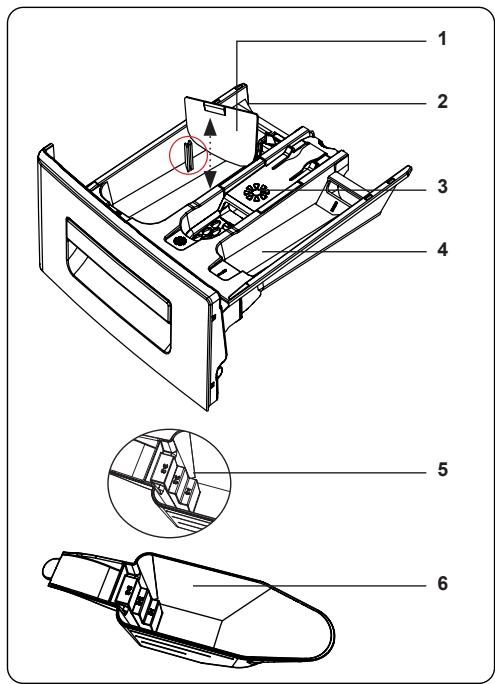 Technical diagram of a device's internal structure with numbered parts and exploded views