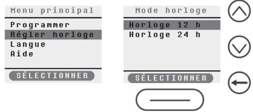 Menu principal Programmer Régler horloge Langue Aide SÉLECTIONNER Mode horloge Horloge 12 h Horloge 24 h SÉLECTIONNER